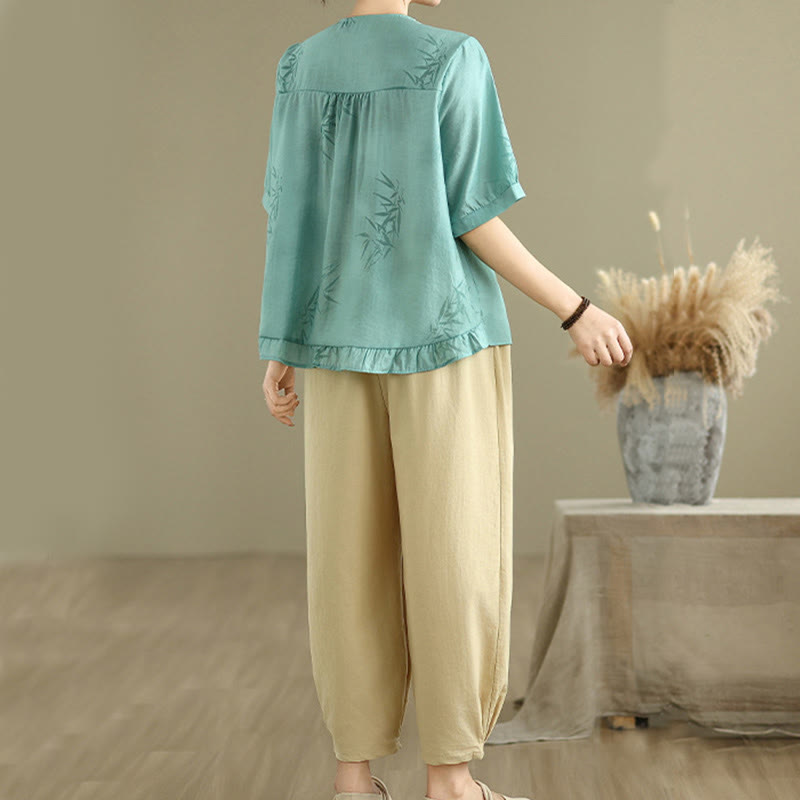 Set di abbigliamento da meditazione casual da donna con camicia a maniche corte e pantaloni harem Buddha Stones 2 pezzi - image 2