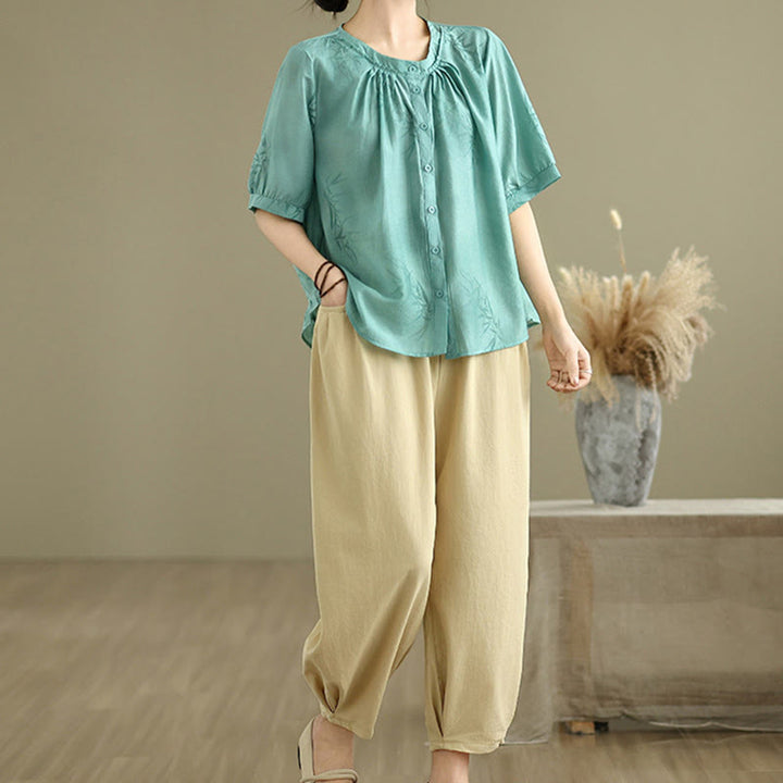 Set di abbigliamento da meditazione casual da donna con camicia a maniche corte e pantaloni harem Buddha Stones 2 pezzi - image 6