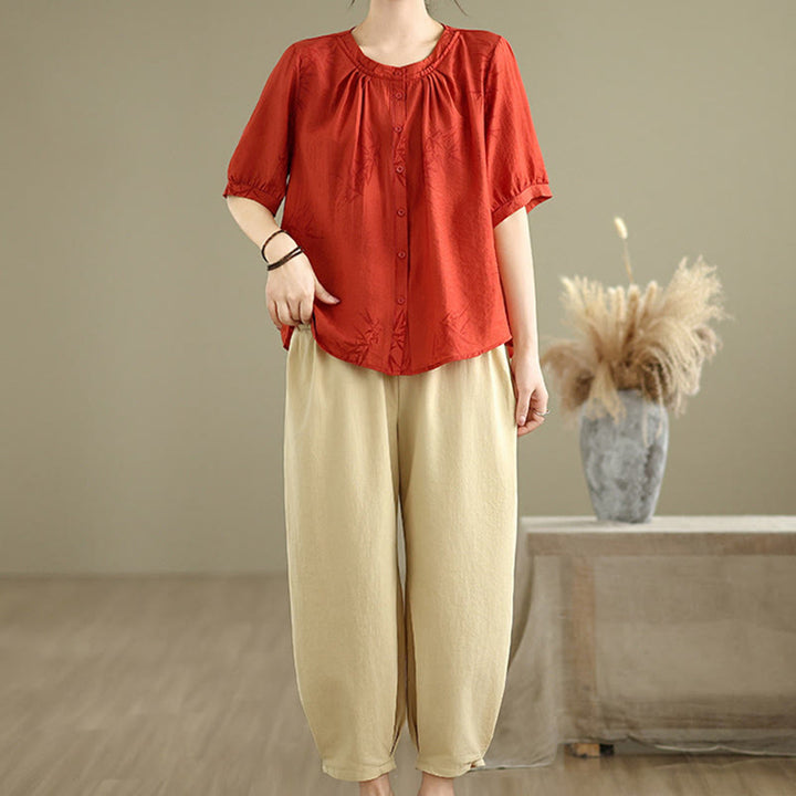 Set di abbigliamento da meditazione casual da donna con camicia a maniche corte e pantaloni harem Buddha Stones 2 pezzi - Rosso - US12, UK/AU16, EU44 (2XL) - image 8