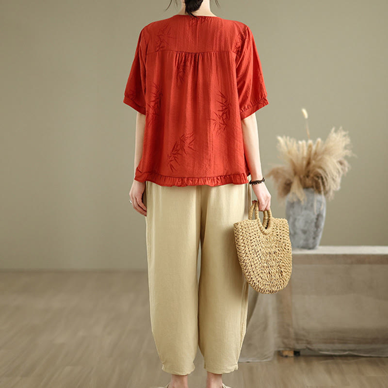 Set di abbigliamento da meditazione casual da donna con camicia a maniche corte e pantaloni harem Buddha Stones 2 pezzi - image 9
