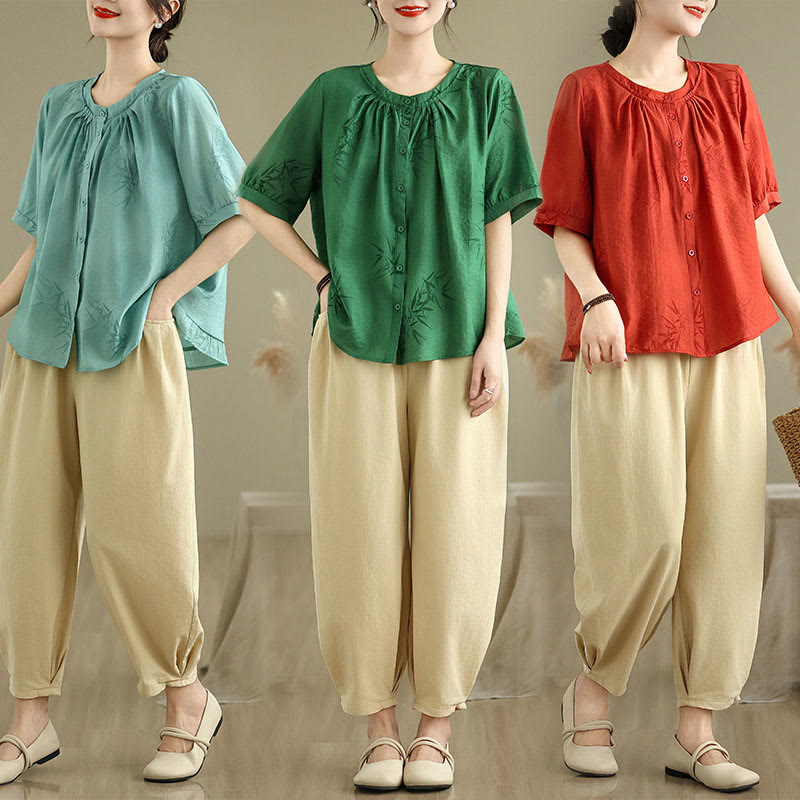 Set di abbigliamento da meditazione casual da donna con camicia a maniche corte e pantaloni harem Buddha Stones 2 pezzi - image 27