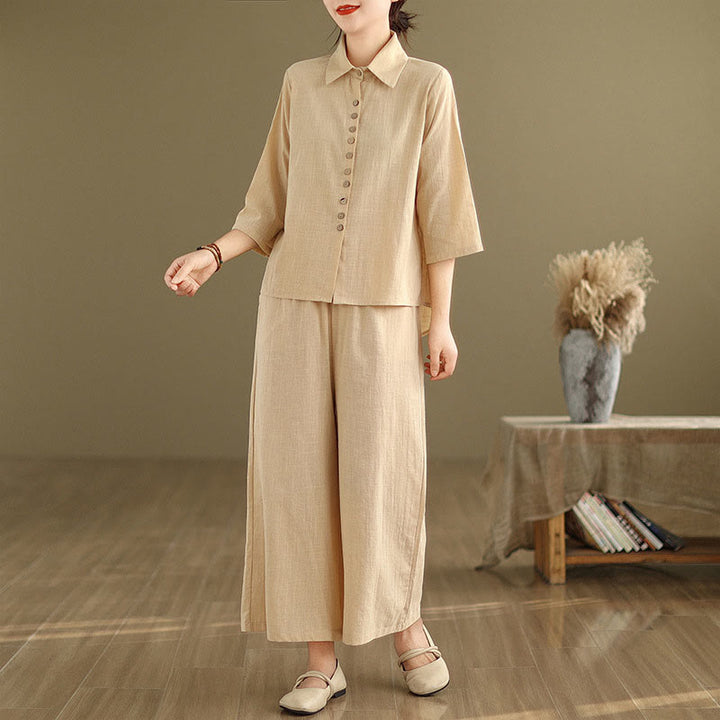 Set di abbigliamento da meditazione casual da donna con camicia e pantaloni larghi e colletto rialzato Buddha Stones 2 pezzi - image 2