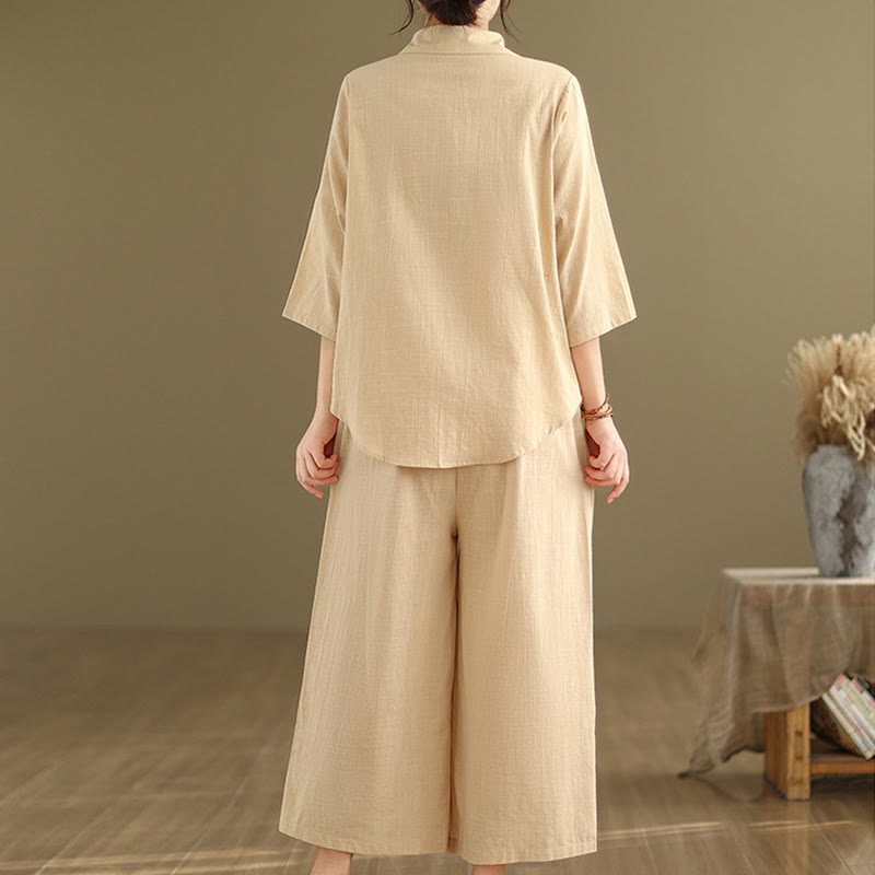 Set di abbigliamento da meditazione casual da donna con camicia e pantaloni larghi e colletto rialzato Buddha Stones 2 pezzi - image 4