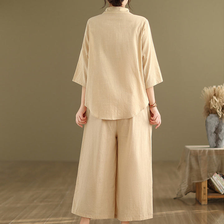 Set di abbigliamento da meditazione casual da donna con camicia e pantaloni larghi e colletto rialzato Buddha Stones 2 pezzi - image 4