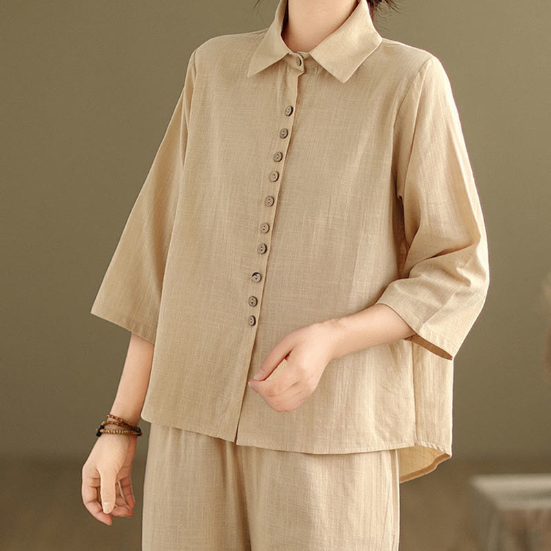 Set di abbigliamento da meditazione casual da donna con camicia e pantaloni larghi e colletto rialzato Buddha Stones 2 pezzi - image 6