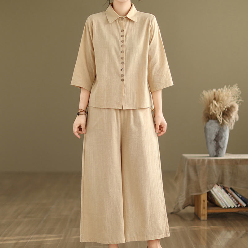 Set di abbigliamento da meditazione casual da donna con camicia e pantaloni larghi e colletto rialzato Buddha Stones 2 pezzi - Grano - US12, UK/AU16, EU44 (2XL) - image 1