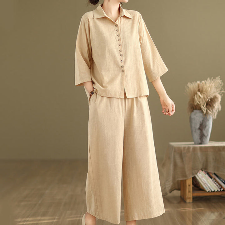 Set di abbigliamento da meditazione casual da donna con camicia e pantaloni larghi e colletto rialzato Buddha Stones 2 pezzi - image 4