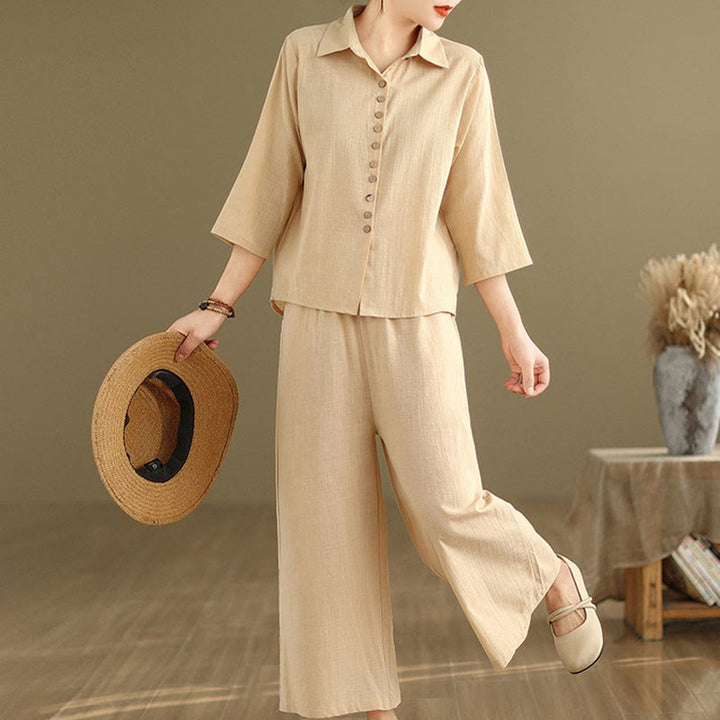 Set di abbigliamento da meditazione casual da donna con camicia e pantaloni larghi e colletto rialzato Buddha Stones 2 pezzi - image 3