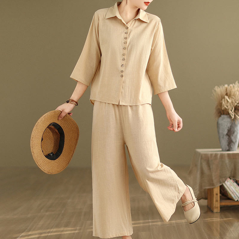 Set di abbigliamento da meditazione casual da donna con camicia e pantaloni larghi e colletto rialzato Buddha Stones 2 pezzi - image 2