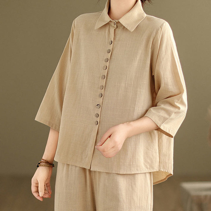 Set di abbigliamento da meditazione casual da donna con camicia e pantaloni larghi e colletto rialzato Buddha Stones 2 pezzi - image 5