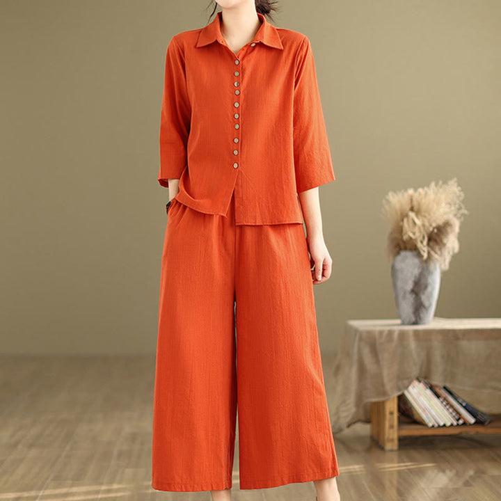 Set di abbigliamento da meditazione casual da donna con camicia e pantaloni larghi e colletto rialzato Buddha Stones 2 pezzi - image 10