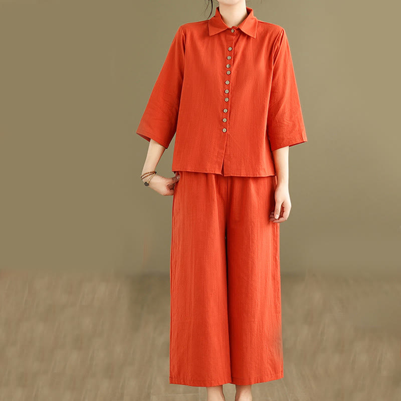 Set di abbigliamento da meditazione casual da donna con camicia e pantaloni larghi e colletto rialzato Buddha Stones 2 pezzi - Arancione Rosso - US12, UK/AU16, EU44 (2XL) - image 8