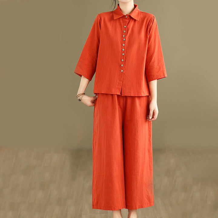 Set di abbigliamento da meditazione casual da donna con camicia e pantaloni larghi e colletto rialzato Buddha Stones 2 pezzi - Arancione Rosso - US12, UK/AU16, EU44 (2XL) - image 8