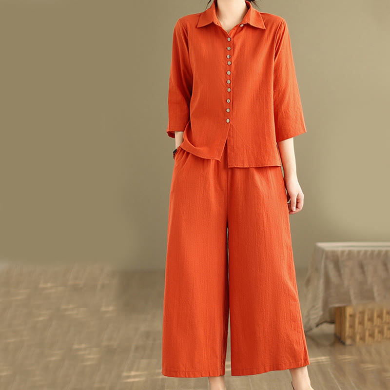 Set di abbigliamento da meditazione casual da donna con camicia e pantaloni larghi e colletto rialzato Buddha Stones 2 pezzi - image 10