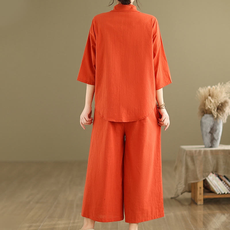 Set di abbigliamento da meditazione casual da donna con camicia e pantaloni larghi e colletto rialzato Buddha Stones 2 pezzi - image 11