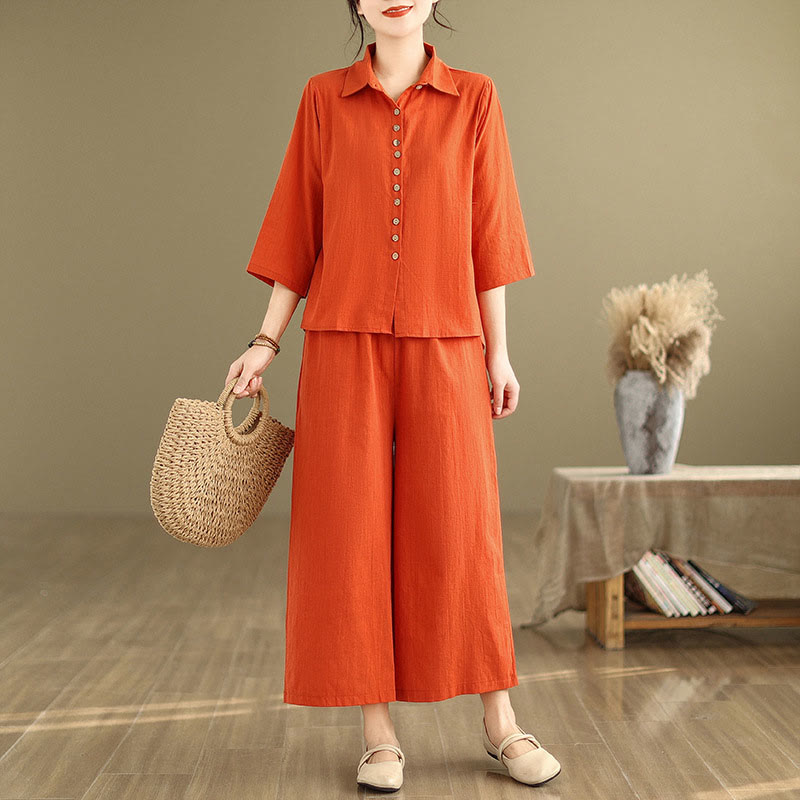 Set di abbigliamento da meditazione casual da donna con camicia e pantaloni larghi e colletto rialzato Buddha Stones 2 pezzi - image 15