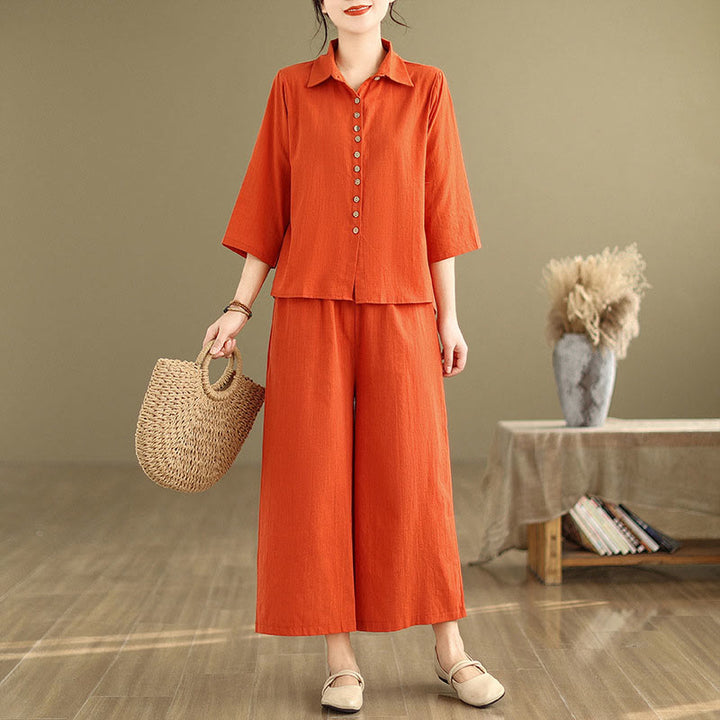 Set di abbigliamento da meditazione casual da donna con camicia e pantaloni larghi e colletto rialzato Buddha Stones 2 pezzi - image 15