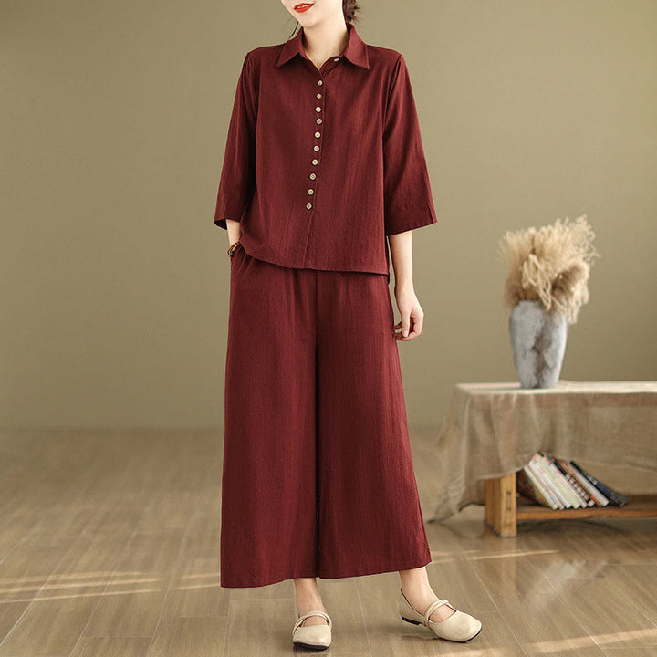 Set di abbigliamento da meditazione casual da donna con camicia e pantaloni larghi e colletto rialzato Buddha Stones 2 pezzi - Marrone - US12, UK/AU16, EU44 (2XL) - image 22