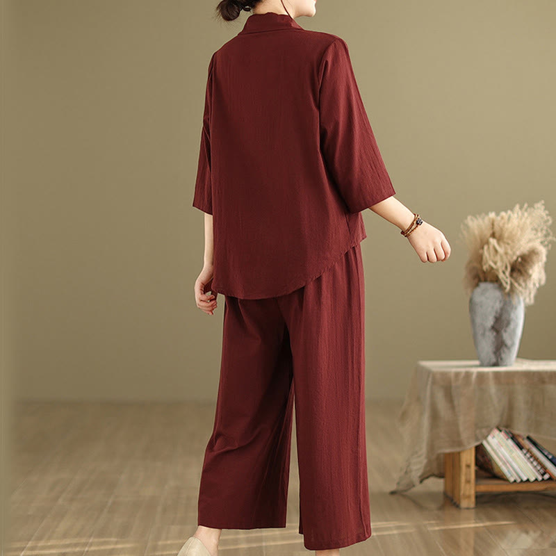 Set di abbigliamento da meditazione casual da donna con camicia e pantaloni larghi e colletto rialzato Buddha Stones 2 pezzi - image 24