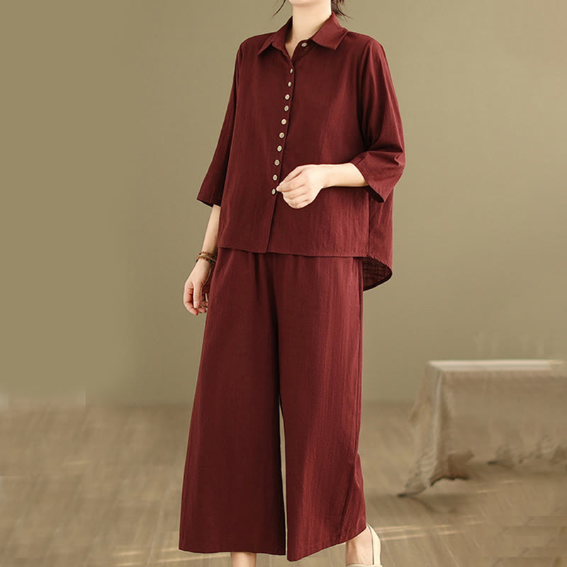 Set di abbigliamento da meditazione casual da donna con camicia e pantaloni larghi e colletto rialzato Buddha Stones 2 pezzi - image 24
