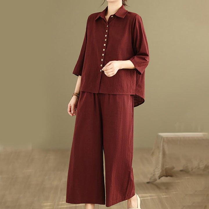 Set di abbigliamento da meditazione casual da donna con camicia e pantaloni larghi e colletto rialzato Buddha Stones 2 pezzi - image 24