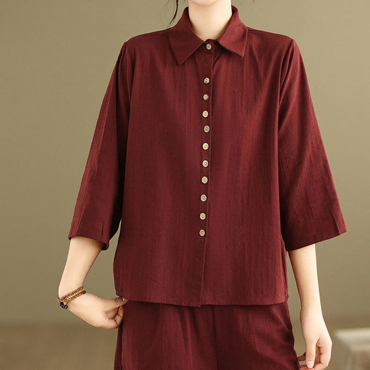 Set di abbigliamento da meditazione casual da donna con camicia e pantaloni larghi e colletto rialzato Buddha Stones 2 pezzi - image 25