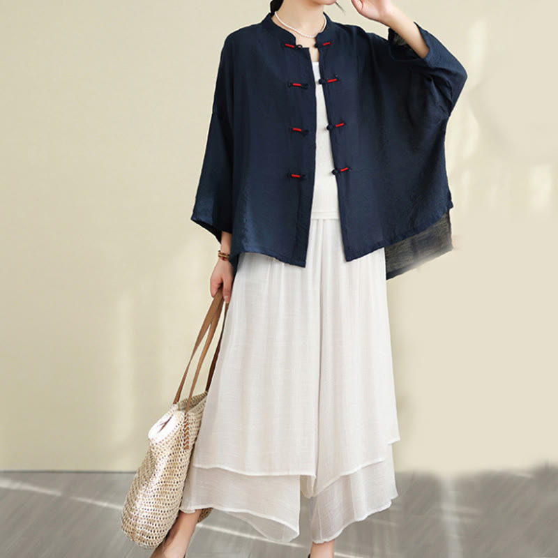 Set di abbigliamento da meditazione casual da donna con camicia e bottoni a rana, pantaloni larghi e Buddha Stones, 2 pezzi - Blu notte - US12, UK/AU16, EU44 (XL) - image 1