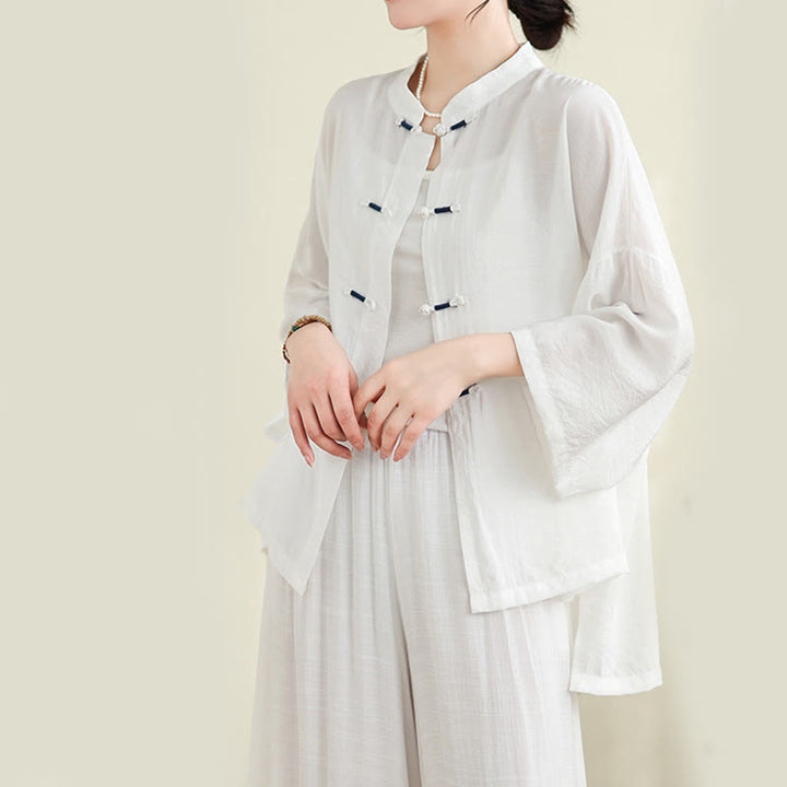 Set di abbigliamento da meditazione casual da donna con camicia e bottoni a rana, pantaloni larghi e Buddha Stones, 2 pezzi - image 10