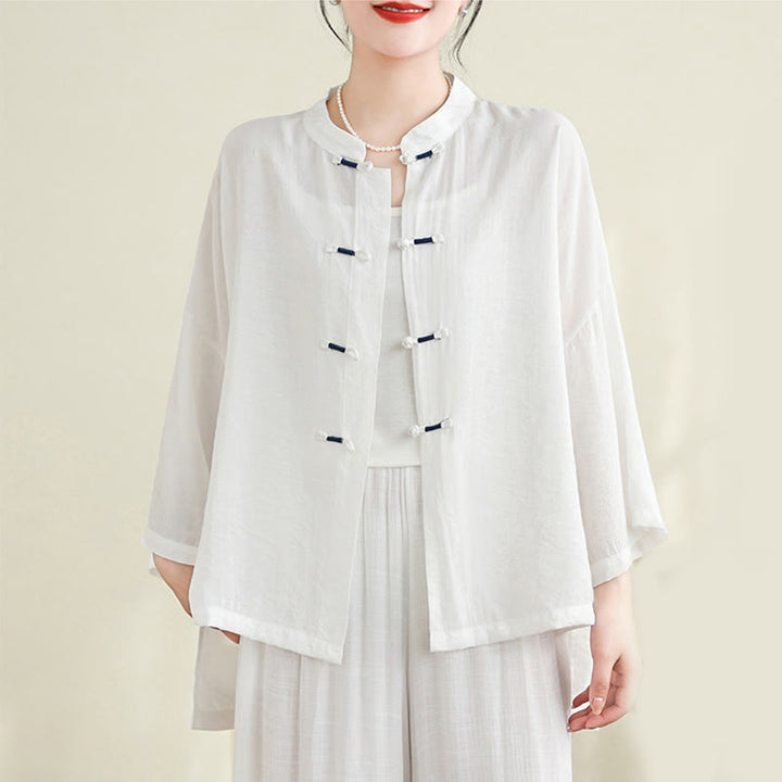 Set di abbigliamento da meditazione casual da donna con camicia e bottoni a rana, pantaloni larghi e Buddha Stones, 2 pezzi - image 9