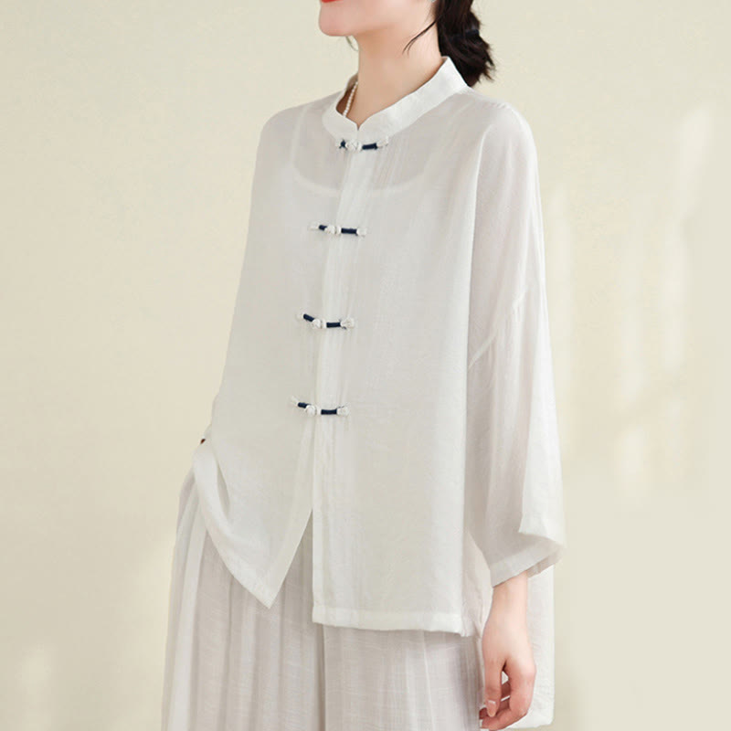 Set di abbigliamento da meditazione casual da donna con camicia e bottoni a rana, pantaloni larghi e Buddha Stones, 2 pezzi - image 13