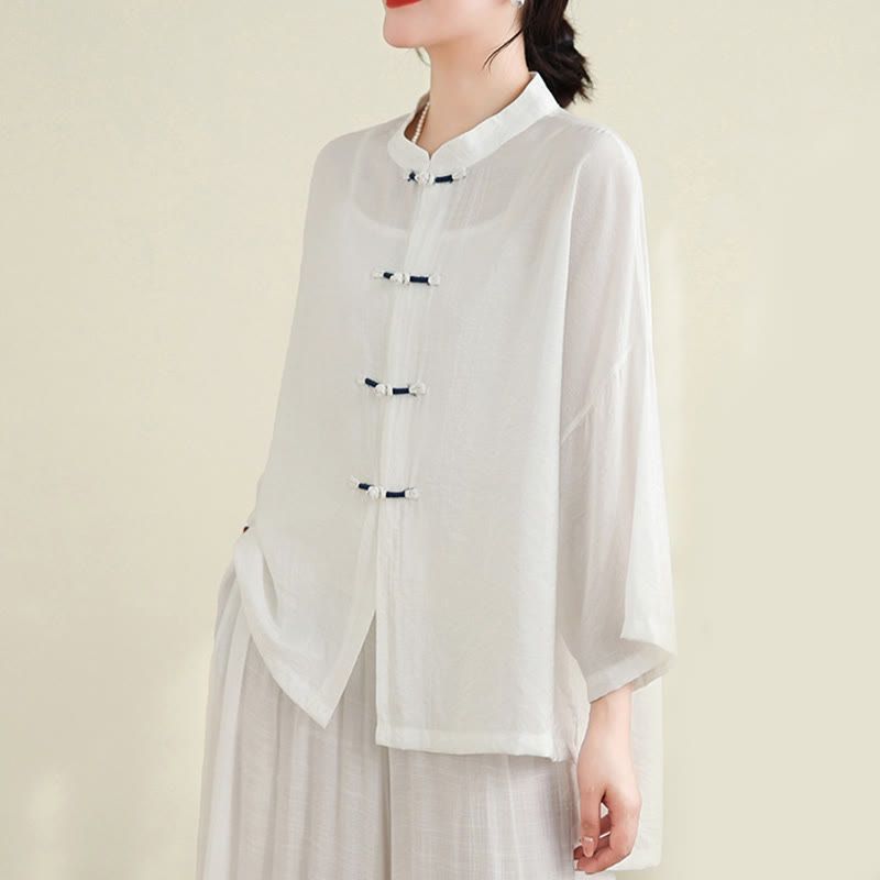 Set di abbigliamento da meditazione casual da donna con camicia e bottoni a rana, pantaloni larghi e Buddha Stones, 2 pezzi - image 17