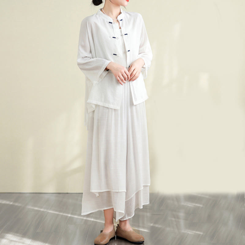 Set di abbigliamento da meditazione casual da donna con camicia e bottoni a rana, pantaloni larghi e Buddha Stones, 2 pezzi - Nevicare - US12, UK/AU16, EU44 (XL) - image 7
