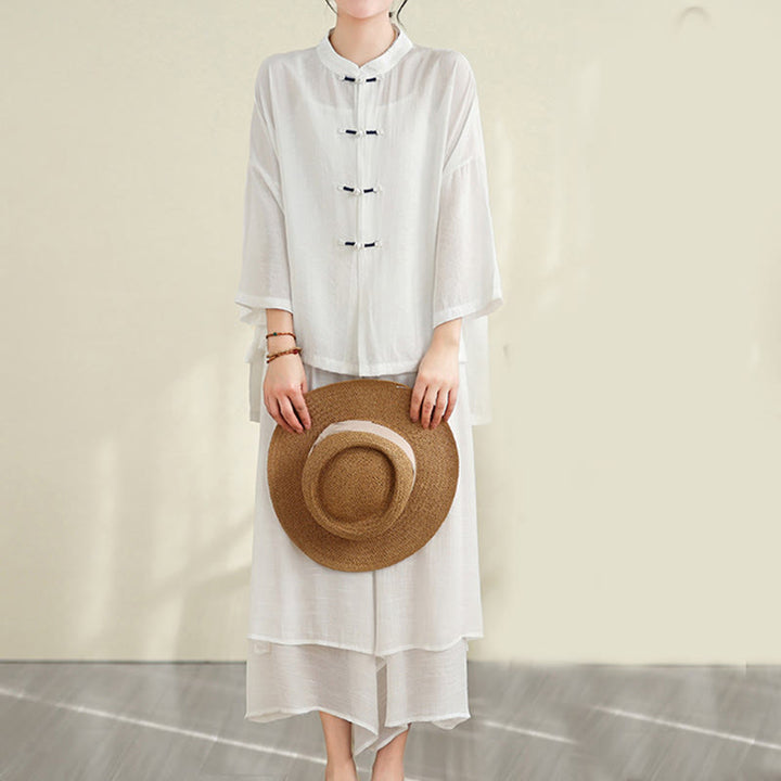 Set di abbigliamento da meditazione casual da donna con camicia e bottoni a rana, pantaloni larghi e Buddha Stones, 2 pezzi - image 16