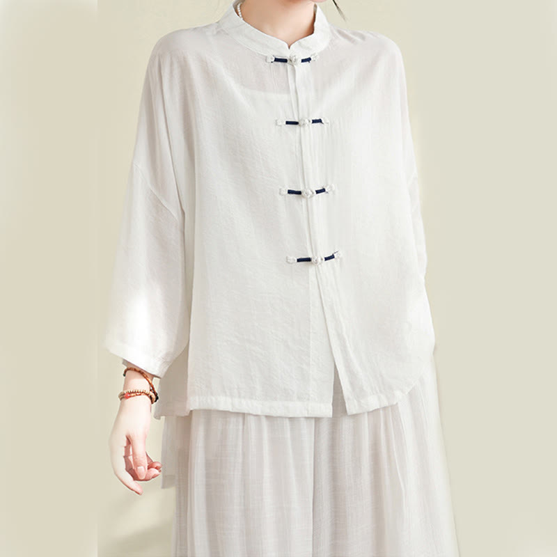Set di abbigliamento da meditazione casual da donna con camicia e bottoni a rana, pantaloni larghi e Buddha Stones, 2 pezzi - image 12