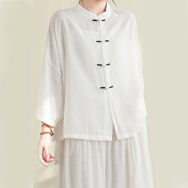 Set di abbigliamento da meditazione casual da donna con camicia e bottoni a rana, pantaloni larghi e Buddha Stones, 2 pezzi - image 12