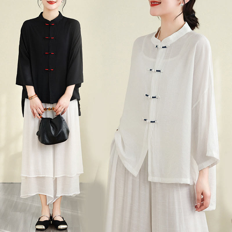 Set di abbigliamento da meditazione casual da donna con camicia e bottoni a rana, pantaloni larghi e Buddha Stones, 2 pezzi - image 27