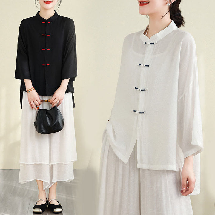 Set di abbigliamento da meditazione casual da donna con camicia e bottoni a rana, pantaloni larghi e Buddha Stones, 2 pezzi - image 27