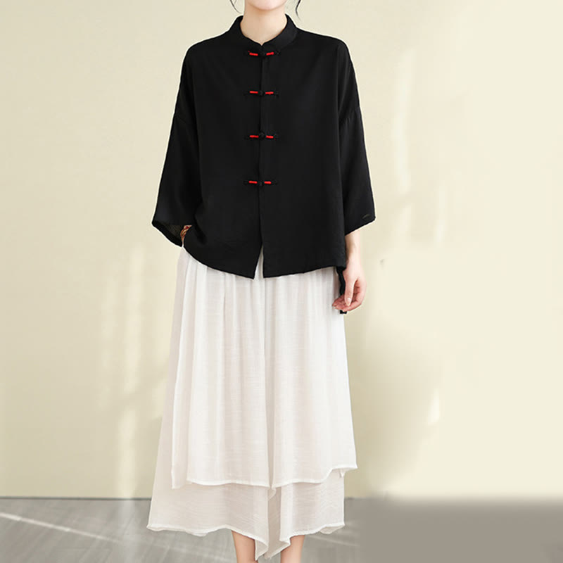Set di abbigliamento da meditazione casual da donna con camicia e bottoni a rana, pantaloni larghi e Buddha Stones, 2 pezzi - Nero - US12, UK/AU16, EU44 (XL) - image 20