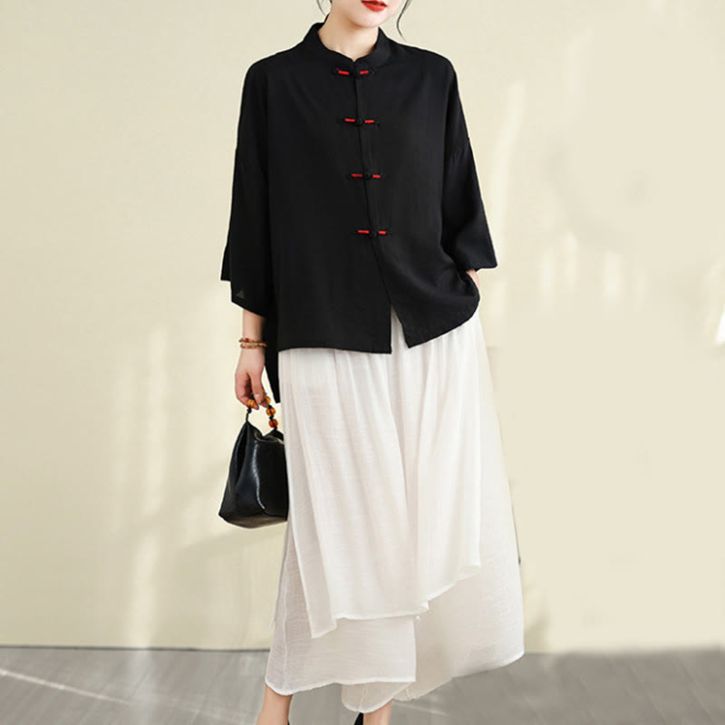 Set di abbigliamento da meditazione casual da donna con camicia e bottoni a rana, pantaloni larghi e Buddha Stones, 2 pezzi - image 22