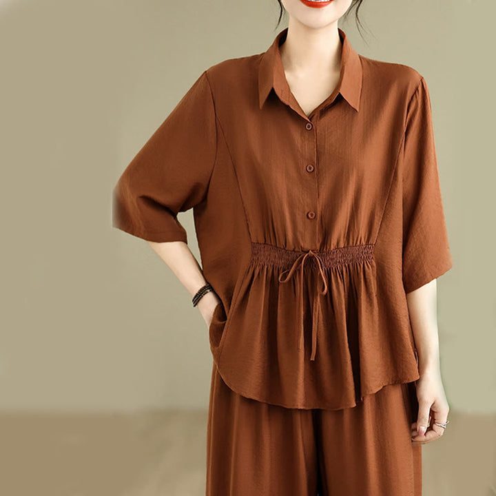 Set di abbigliamento da meditazione casual da donna con camicia e pantaloni larghi e colletto rialzato Buddha Stones 2 pezzi - image 4