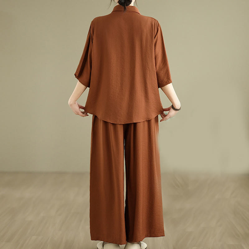 Set di abbigliamento da meditazione casual da donna con camicia e pantaloni larghi e colletto rialzato Buddha Stones 2 pezzi - image 3