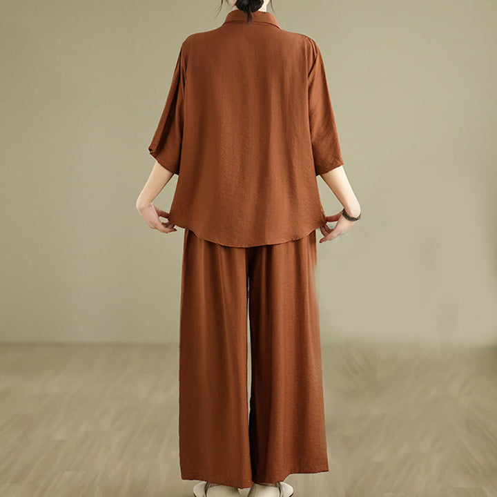 Set di abbigliamento da meditazione casual da donna con camicia e pantaloni larghi e colletto rialzato Buddha Stones 2 pezzi - image 3