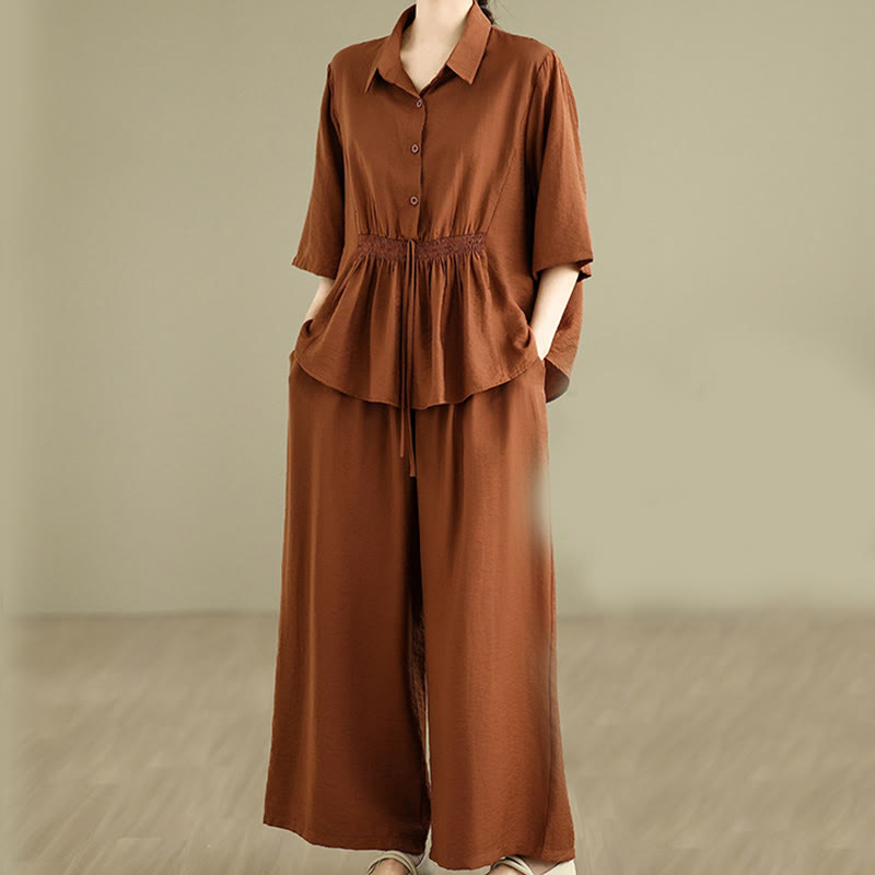 Set di abbigliamento da meditazione casual da donna con camicia e pantaloni larghi e colletto rialzato Buddha Stones 2 pezzi - image 1