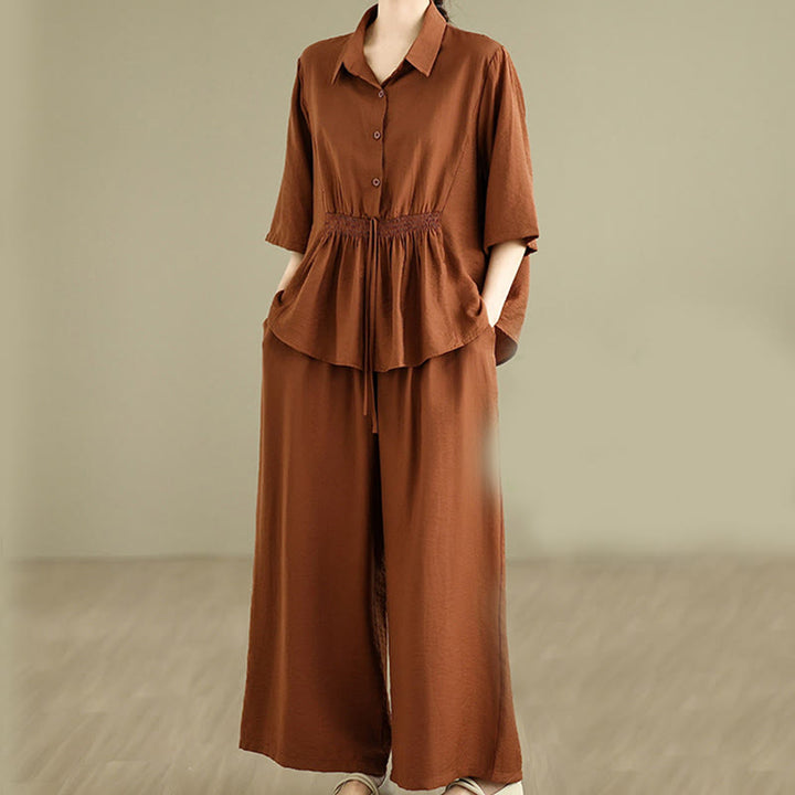 Set di abbigliamento da meditazione casual da donna con camicia e pantaloni larghi e colletto rialzato Buddha Stones 2 pezzi - image 1