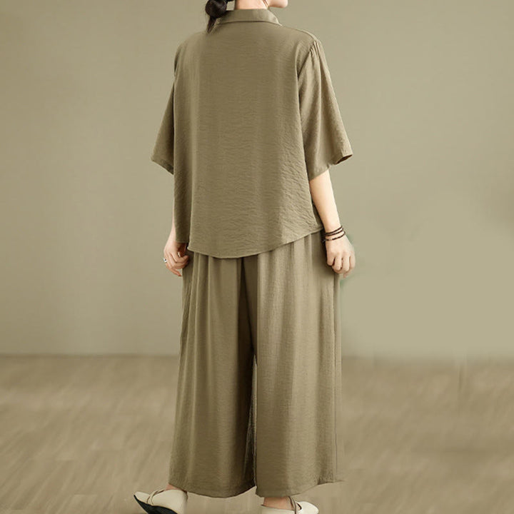 Set di abbigliamento da meditazione casual da donna con camicia e pantaloni larghi e colletto rialzato Buddha Stones 2 pezzi - image 15