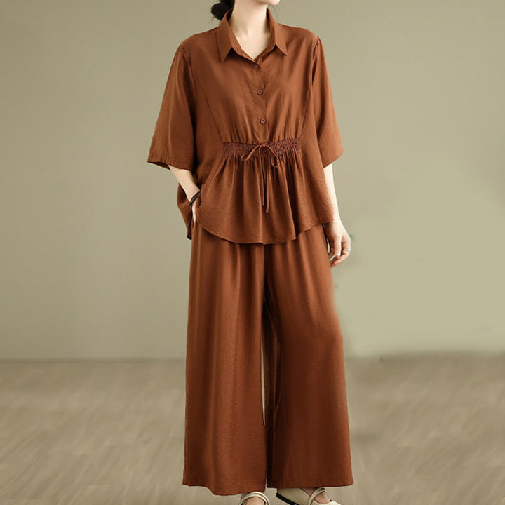 Set di abbigliamento da meditazione casual da donna con camicia e pantaloni larghi e colletto rialzato Buddha Stones 2 pezzi - image 11