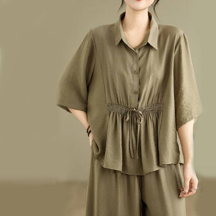 Set di abbigliamento da meditazione casual da donna con camicia e pantaloni larghi e colletto rialzato Buddha Stones 2 pezzi - image 17