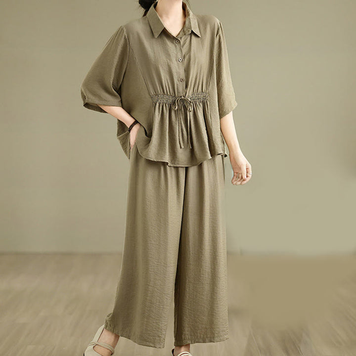 Set di abbigliamento da meditazione casual da donna con camicia e pantaloni larghi e colletto rialzato Buddha Stones 2 pezzi - image 18