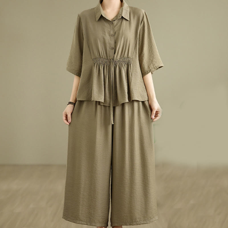 Set di abbigliamento da meditazione casual da donna con camicia e pantaloni larghi e colletto rialzato Buddha Stones 2 pezzi - DarkKhaki - US12, UK/AU16, EU44 (2XL) - image 13