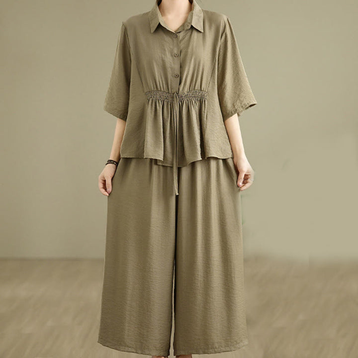 Set di abbigliamento da meditazione casual da donna con camicia e pantaloni larghi e colletto rialzato Buddha Stones 2 pezzi - DarkKhaki - US12, UK/AU16, EU44 (2XL) - image 13